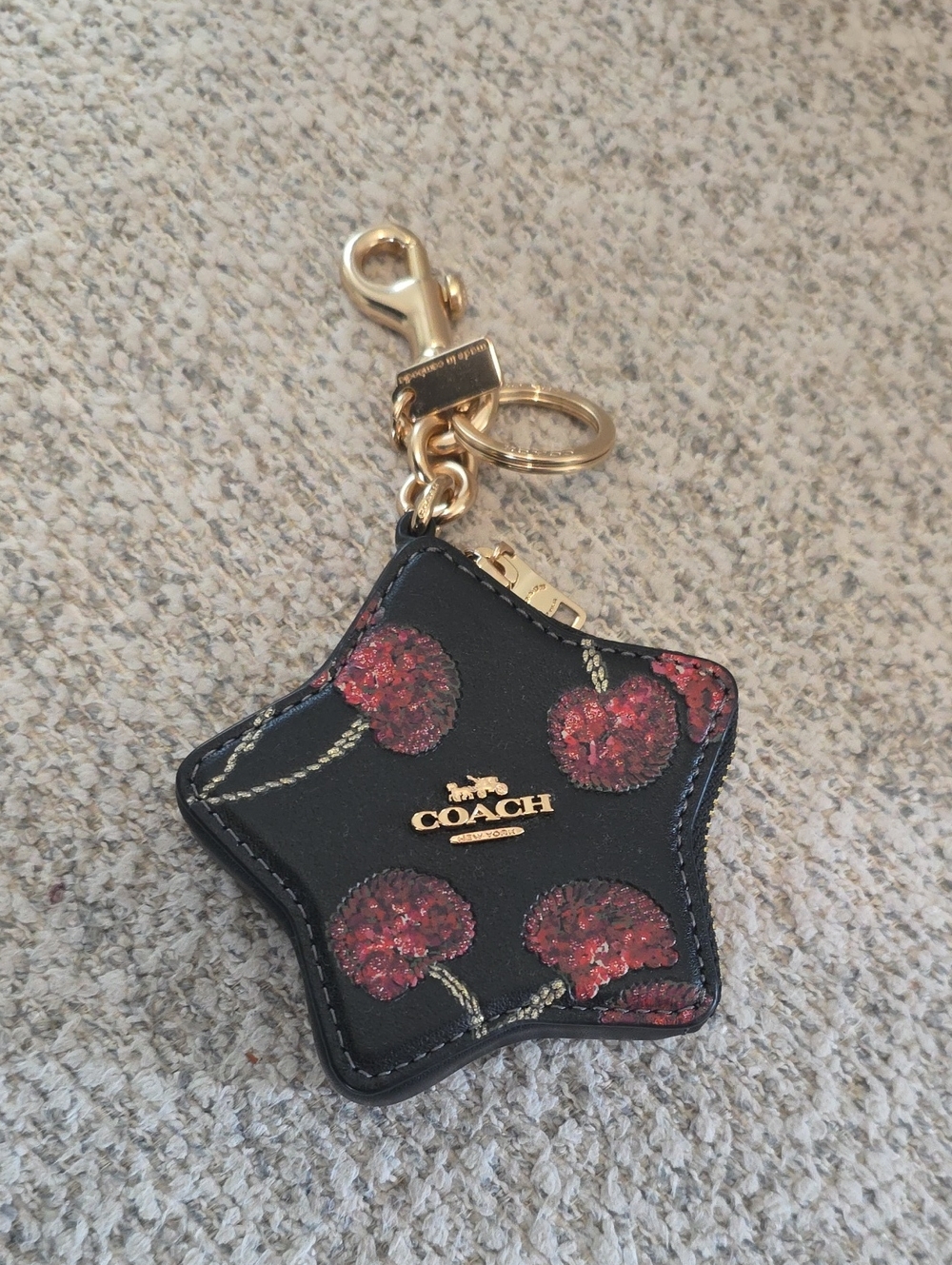 Coach Black Star Coin Purse Keychain with Red Floral Print